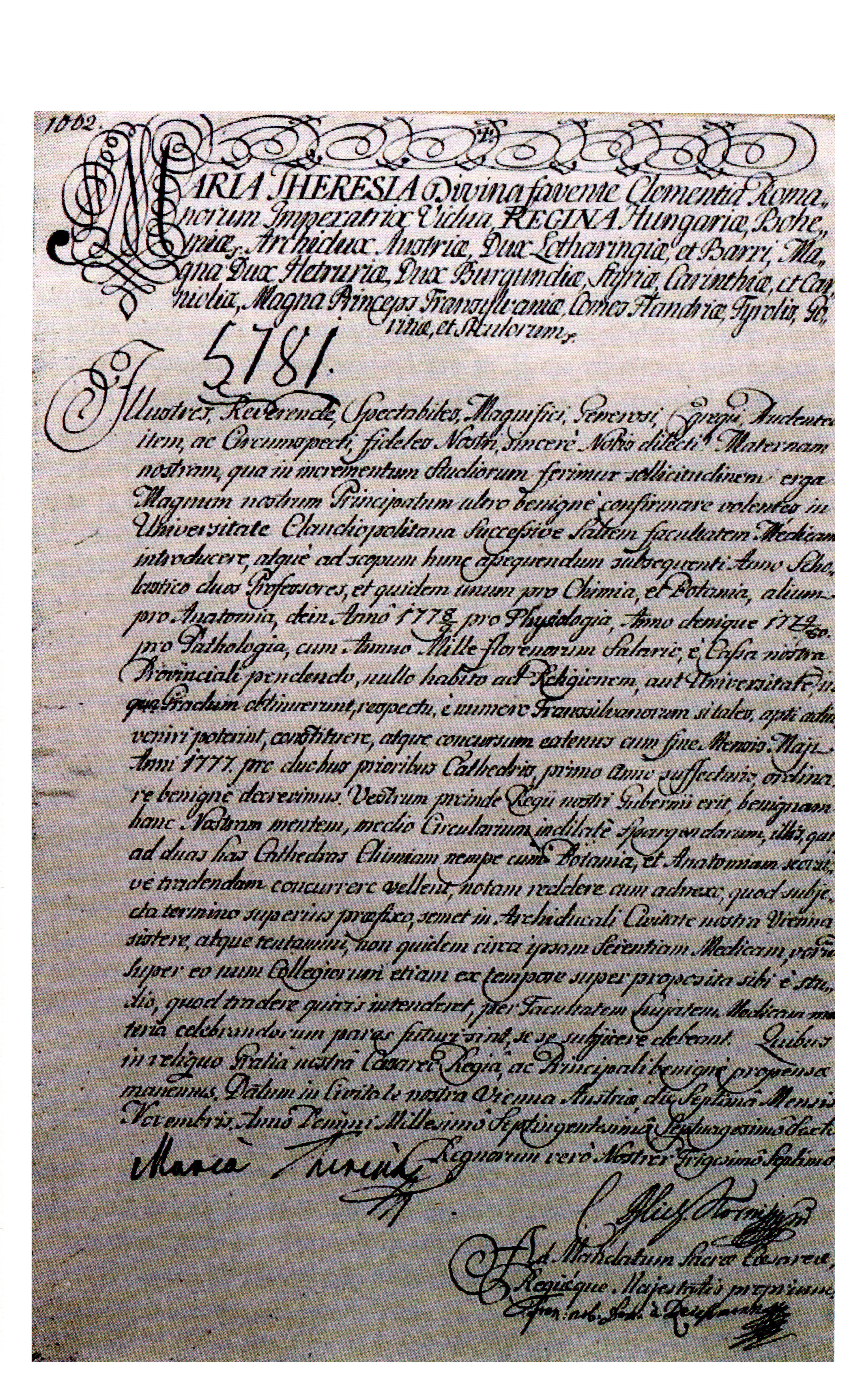 Founding Decree of the Faculty of Medicine in Cluj, 1776